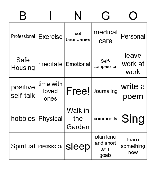 Self-Care Wheel Bingo Card