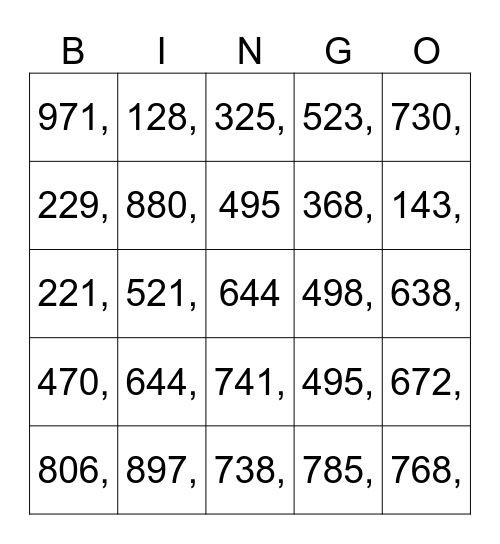 Numbers 1-1000 Bingo Card