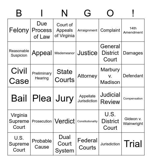 Judicial Branch Bingo Card