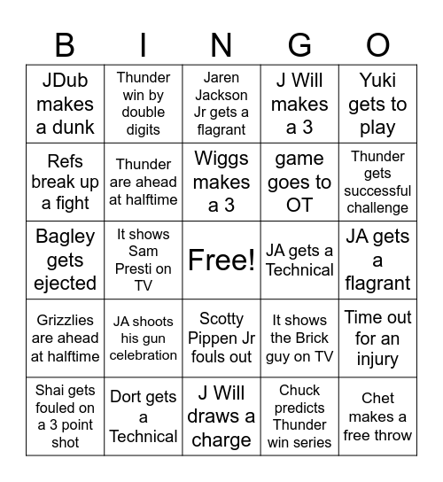 Thunder Grizz Bingo Card