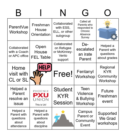 PXU Family Engagement Liaison Bingo Card