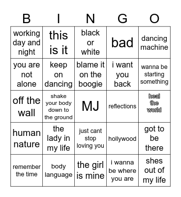 Michael Jackson Bingo Card