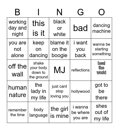 Michael Jackson Bingo Card