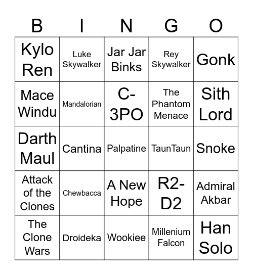Star Wars Bingo Card