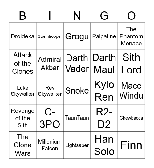 Star Wars Bingo Card