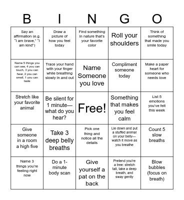 Mindfulness Bingo Card