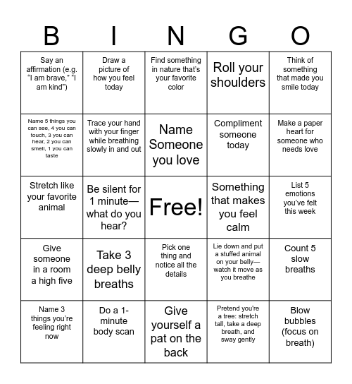 Mindfulness Bingo Card