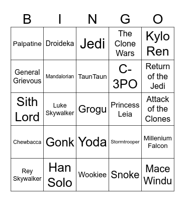 Star Wars Bingo Card