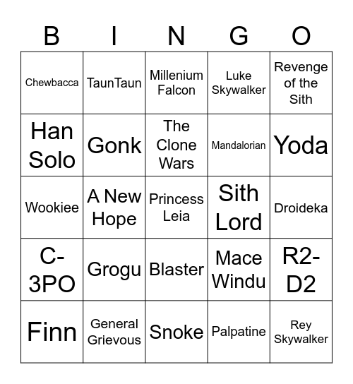 Star Wars Bingo Card