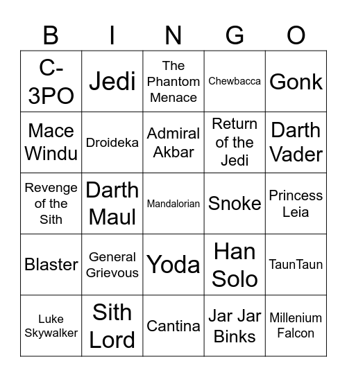 Star Wars Bingo Card