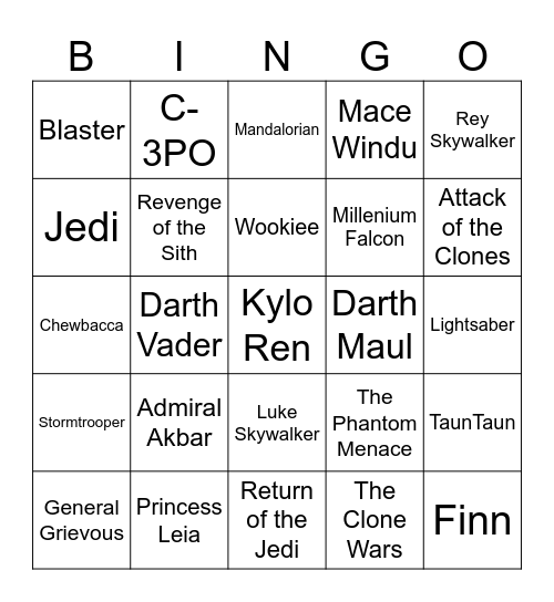 Star Wars Bingo Card