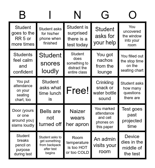 Standardized Testing BINGO Card