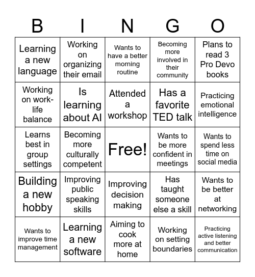 Learning and Development Bingo Card