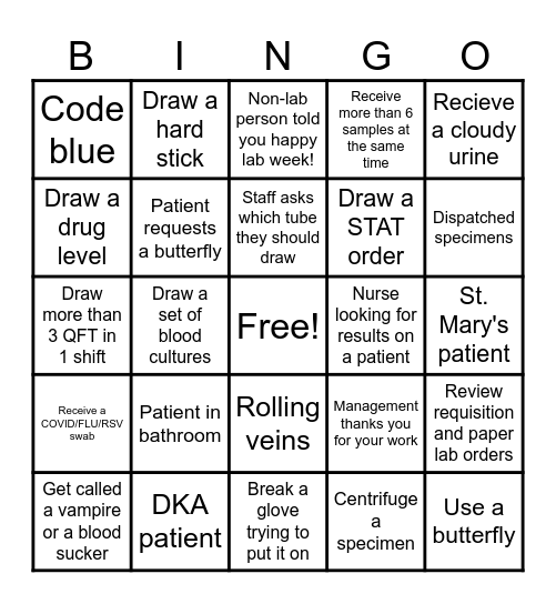 St Francis Phlebotomy Lab Week 2025 Bingo Card
