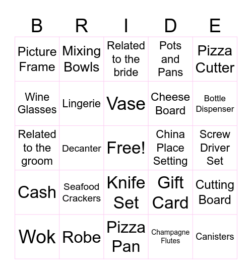 Bridal Shower "Bride" (Bingo) Bingo Card