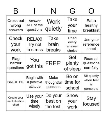 Test Taking Strategies Bingo Card