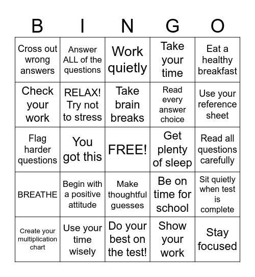 Test Taking Strategies Bingo Card