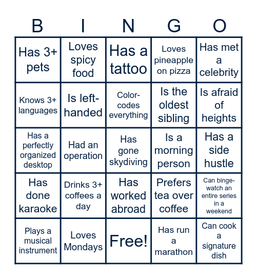 Get To Know You Bingo Card