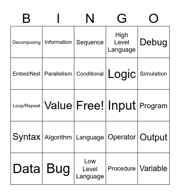 Programming Vocab Bingo Card