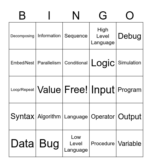 Programming Vocab Bingo Card