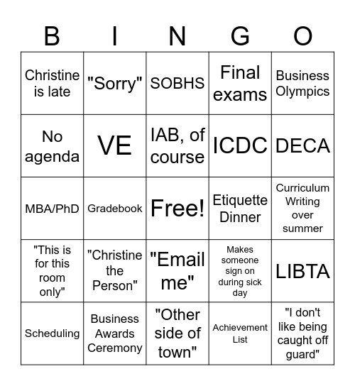 Dept Meeting Bingo Card