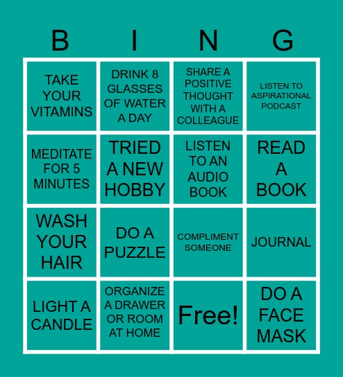 Elevate Self Care Bingo Card