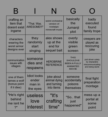 the Minecraft movie bingo Card