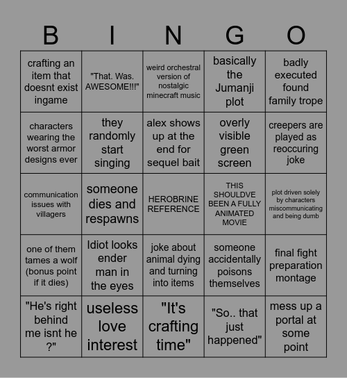 the Minecraft movie bingo Card