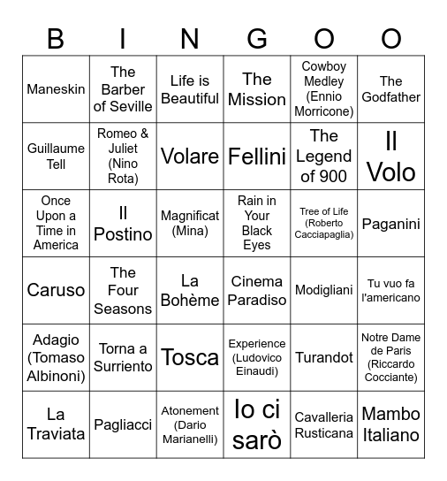 Italian Warhorse Olympics 2026 Bingo Card