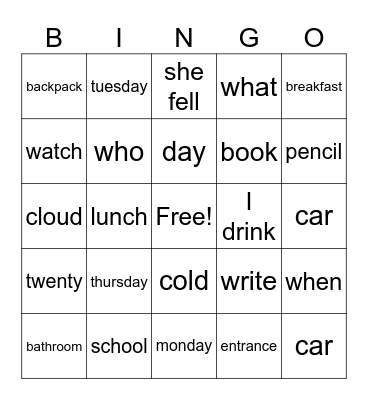 English Words Bingo Card