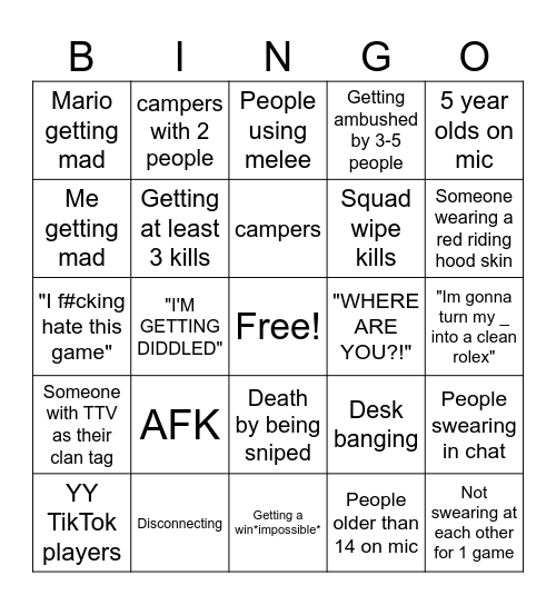Rebirth Island Bingo Card