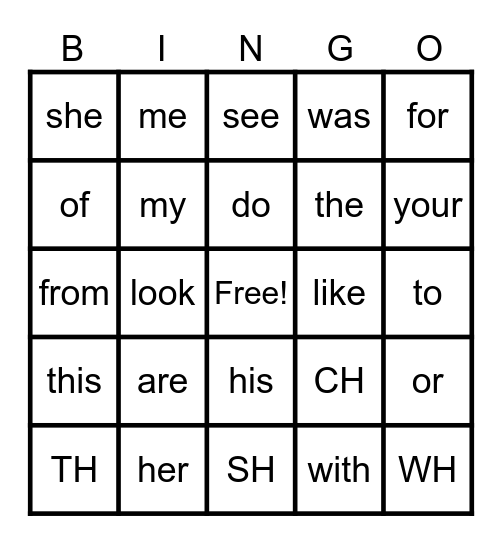 Sight Word and Digraph Bingo Card