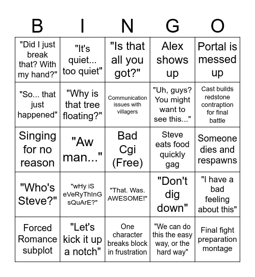 Minecraft Movie Bingo Card