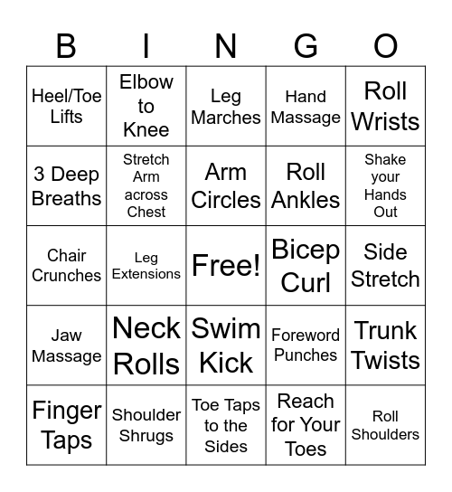 Each exercise to be done in sets of 10. Bingo Card