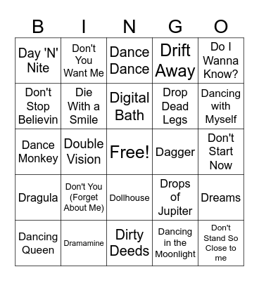 Songs that start with D Bingo Card