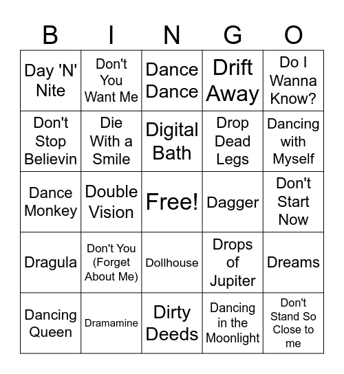 Songs that start with D Bingo Card
