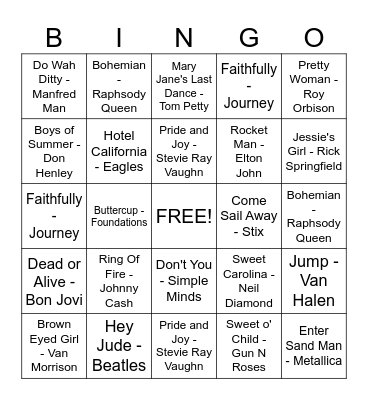 Classics/Rock Classics Bingo Card