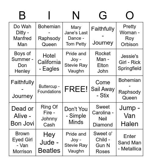 Classics/Rock Classics Bingo Card