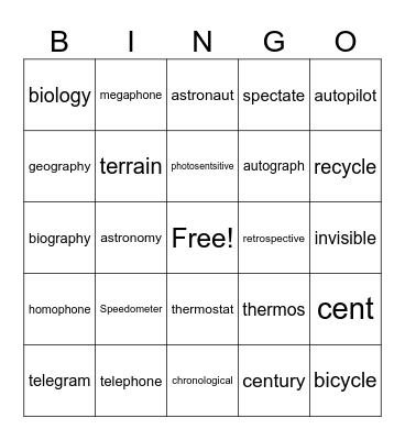 Latin and Greek Roots Bingo Card