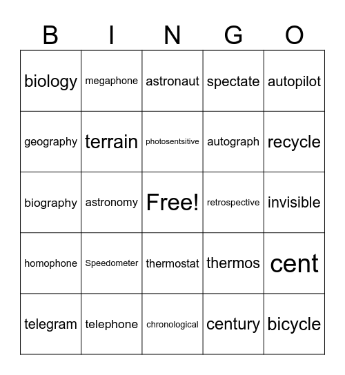 Latin and Greek Roots Bingo Card