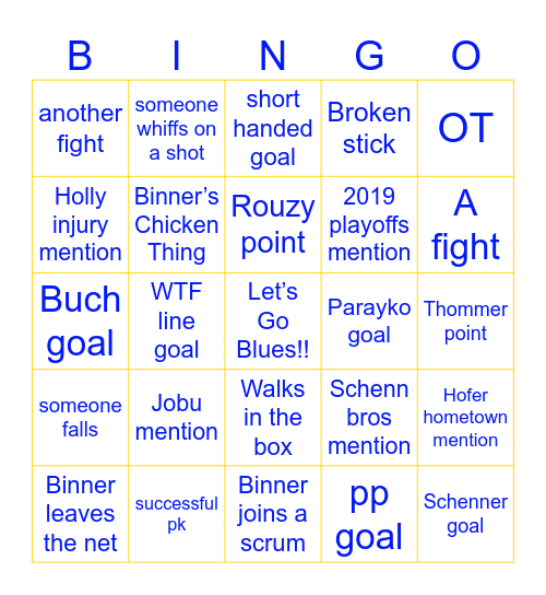 Blues v Jets Game 2 Bingo Card