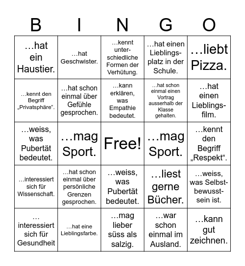 Intro Projektwoche Bingo Card