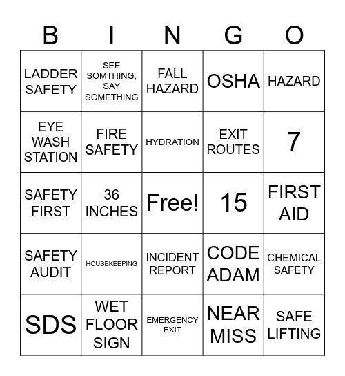 Safety Bingo Card