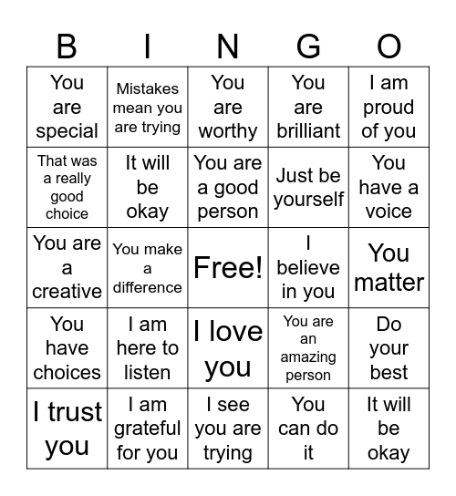 Positive Words Bingo Card