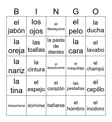 Unidad 2 Vocab Bingo Card