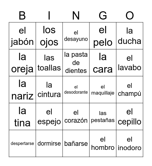 Unidad 2 Vocab Bingo Card