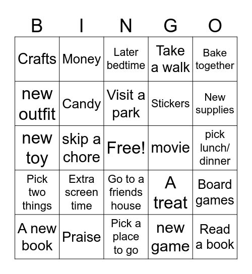 Rewards Bingo Card