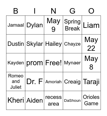 Dr. F's Homeroom Bingo Card