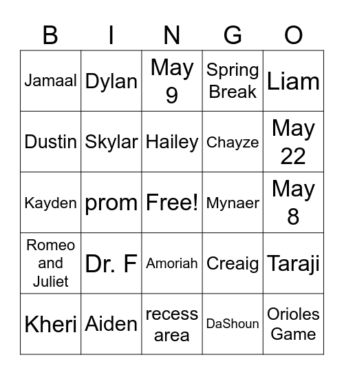 Dr. F's Homeroom Bingo Card