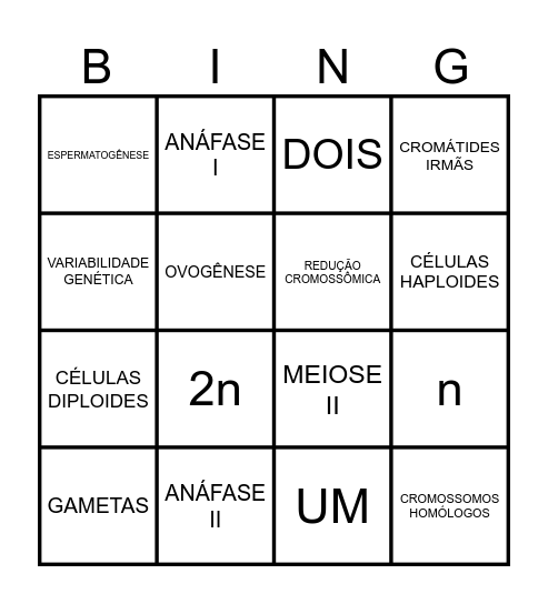 BINGO DA MEIOSE Bingo Card